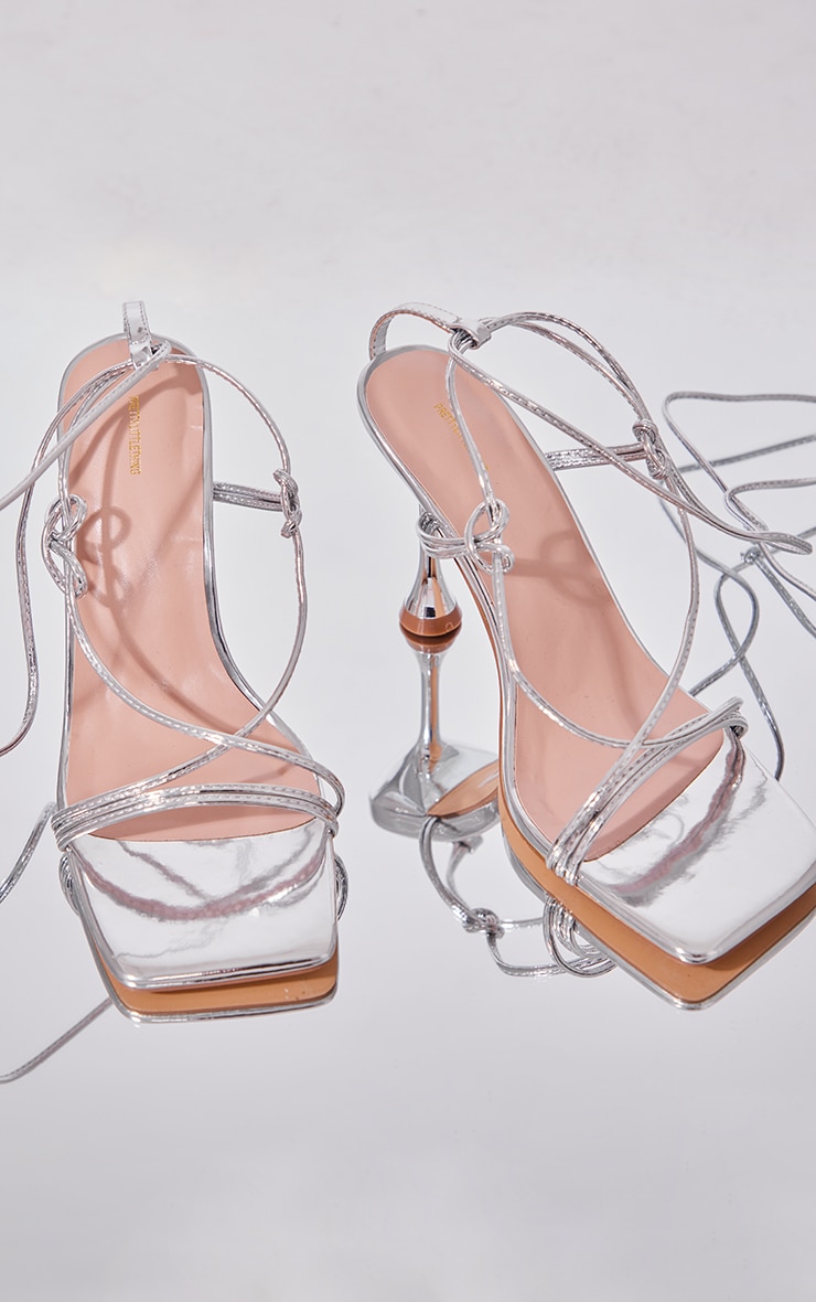 Silver PU Square Toe Cross Strap Lace Up Heeled Sandals image 4