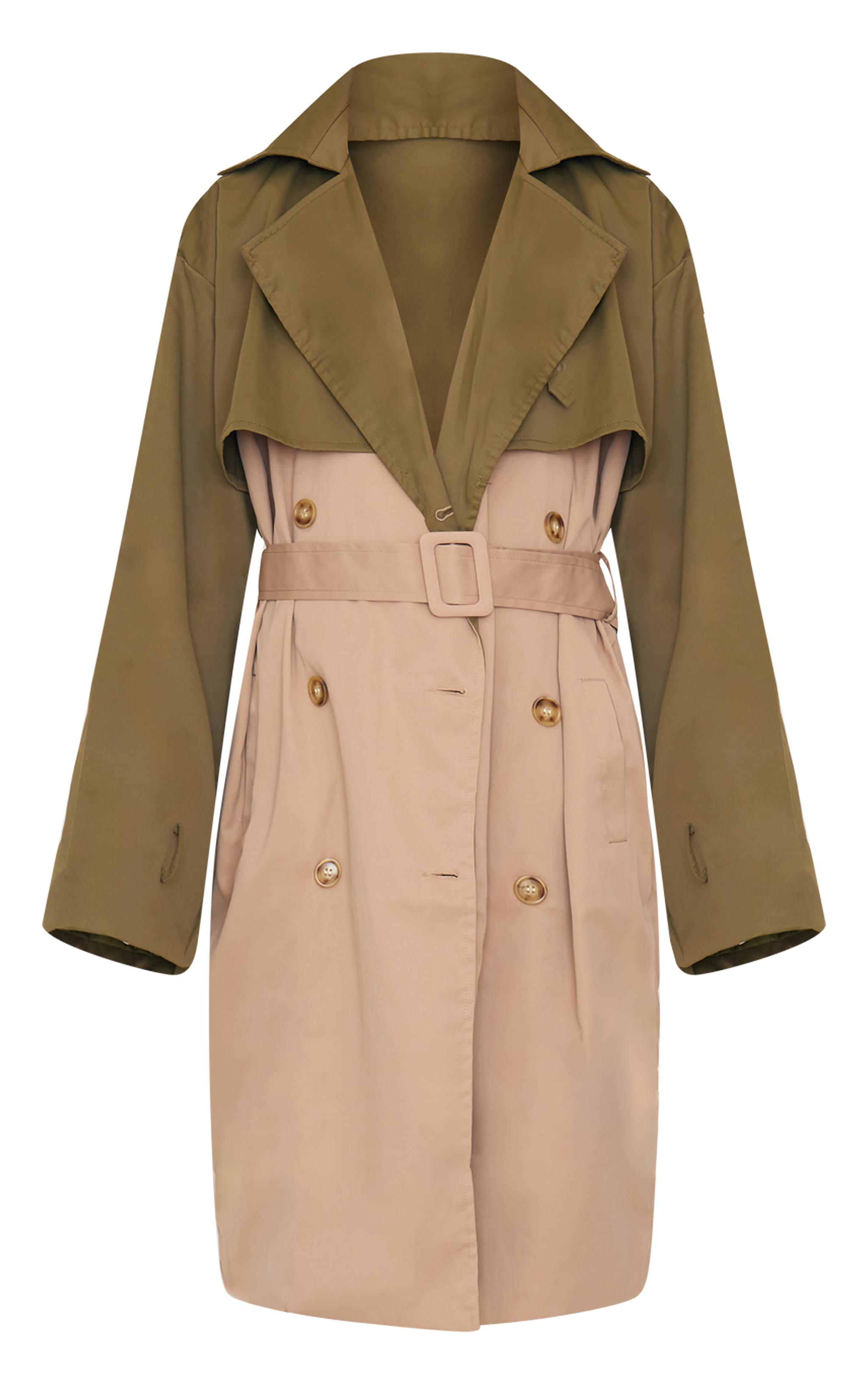 Khaki Contrast Oversized Belted Midi Trench Coat image 5