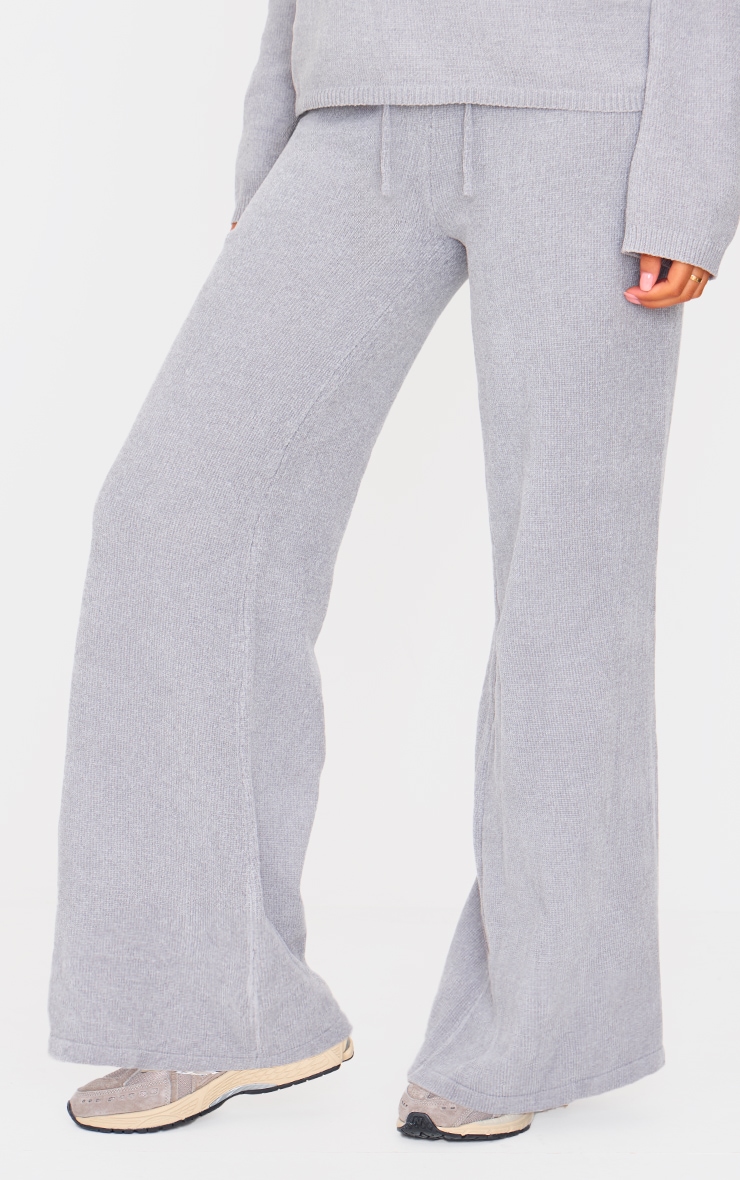 Tall Light Grey Soft Textured Knit Drawstring Wide Leg Pants image 2