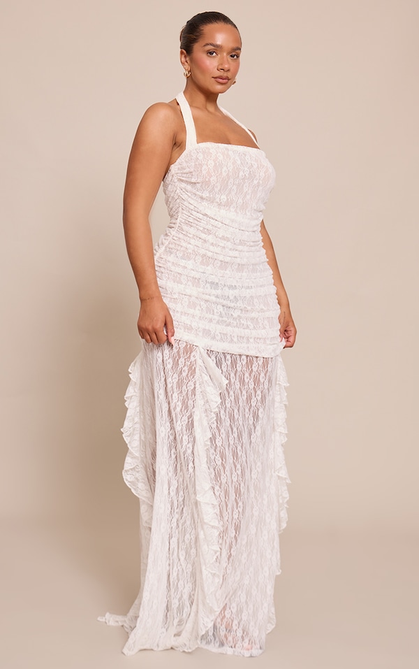 Shape White Lace Ruched Bodice Halterneck Maxi Dress