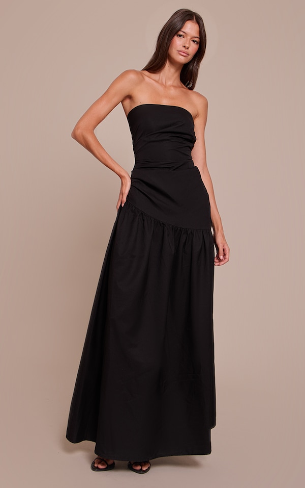 Black Woven Bandeau Ruched Maxi Dress