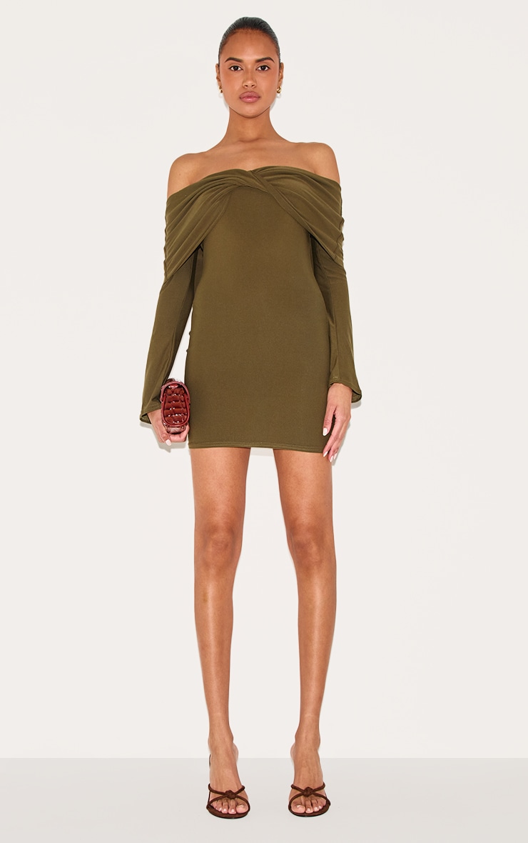 Khaki Soft Touch Twist Detail Bardot Bodycon Dress image 3