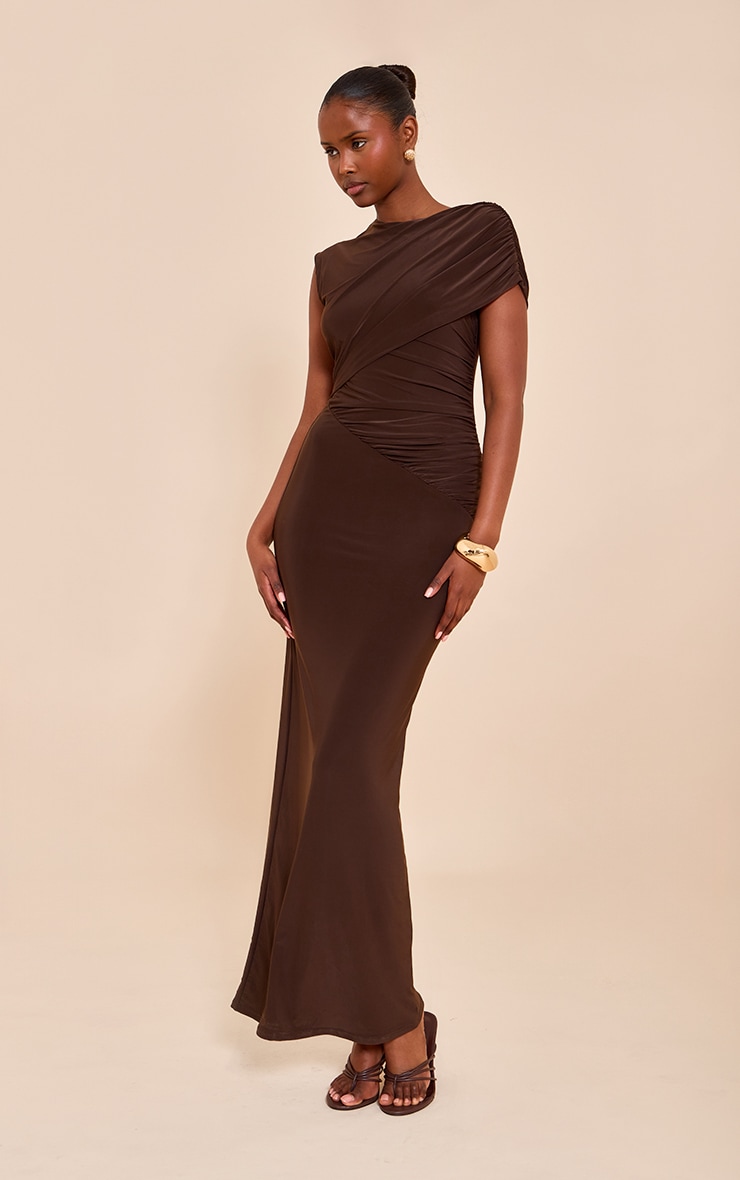 Chocolate Double Layer Slinky Off Shoulder Drape Maxi Dress image 3