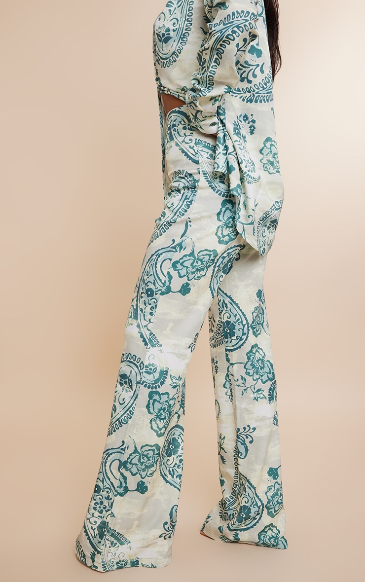 Turquoise Paisley Print Wide Leg Pants image 3