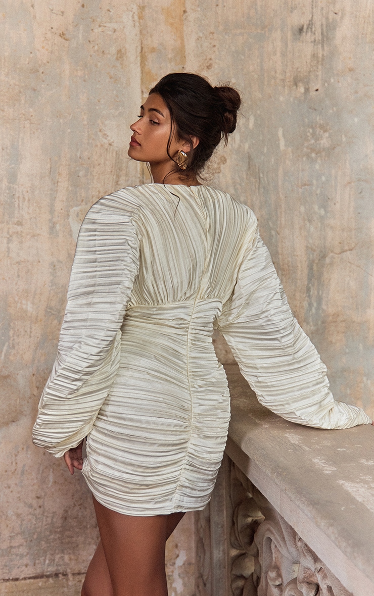 PLT Label Ivory Plisse Satin Batwing Long Sleeve Bodycon Dress image 2