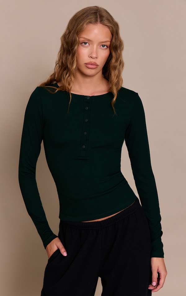 Forest Green Soft Rib Button Up Fitted Long Sleeve Top