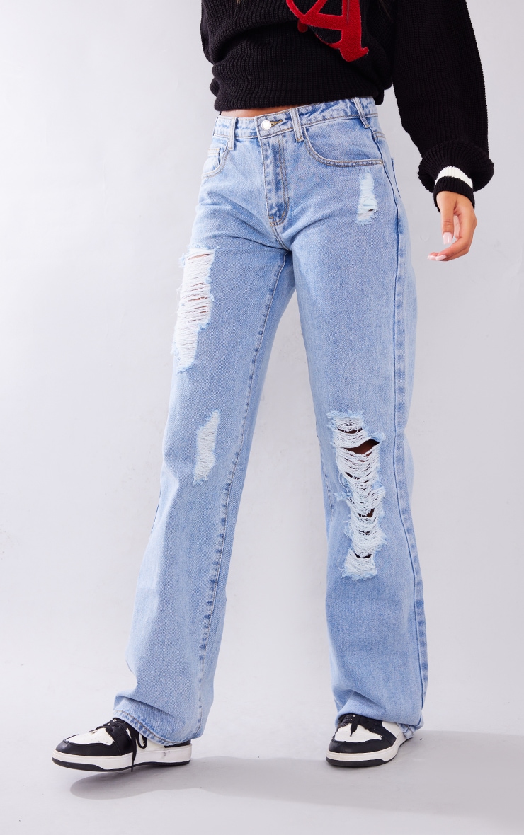 Tall Light Blue Straight Leg Extreme Ripped Jeans image 1