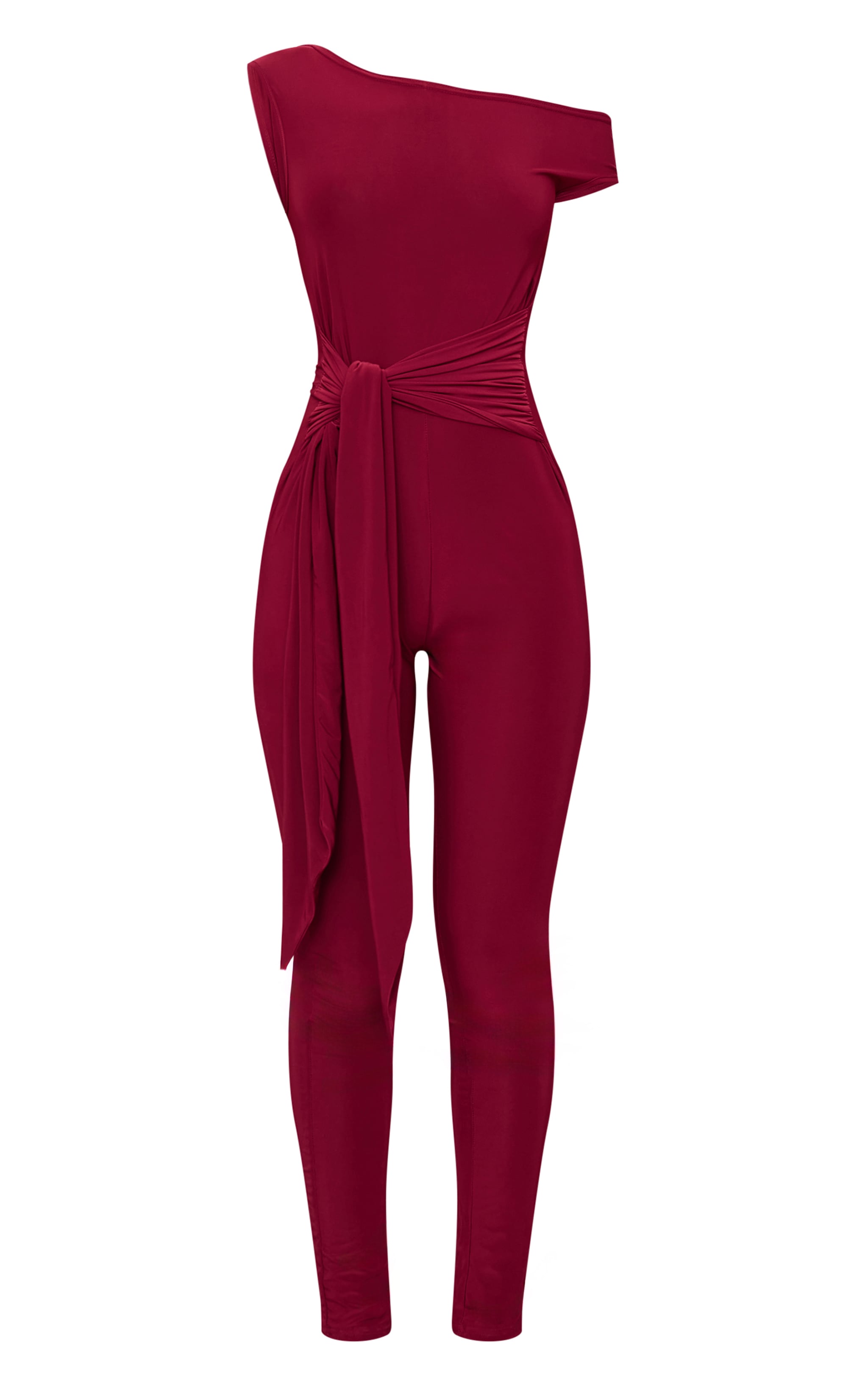 Burgundy Double Layer Slinky Knot Detail Wrap Front Jumpsuit image 5