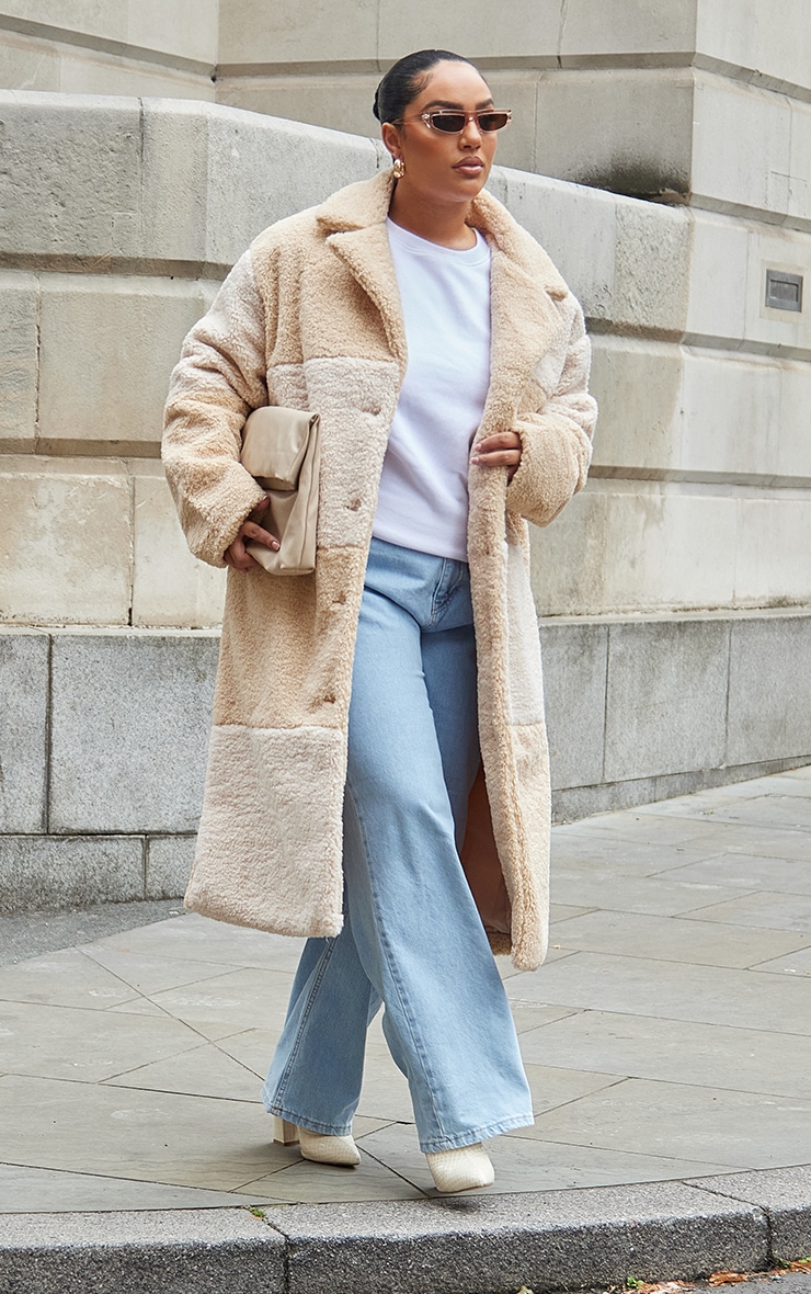 Plus Cream Checkerboard Button Front Borg Coat image 1