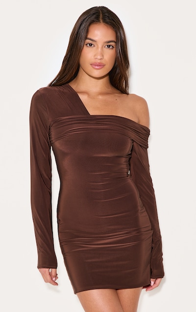 Dark Chocolate Double Layer Slinky Off Shoulder Mini Dress