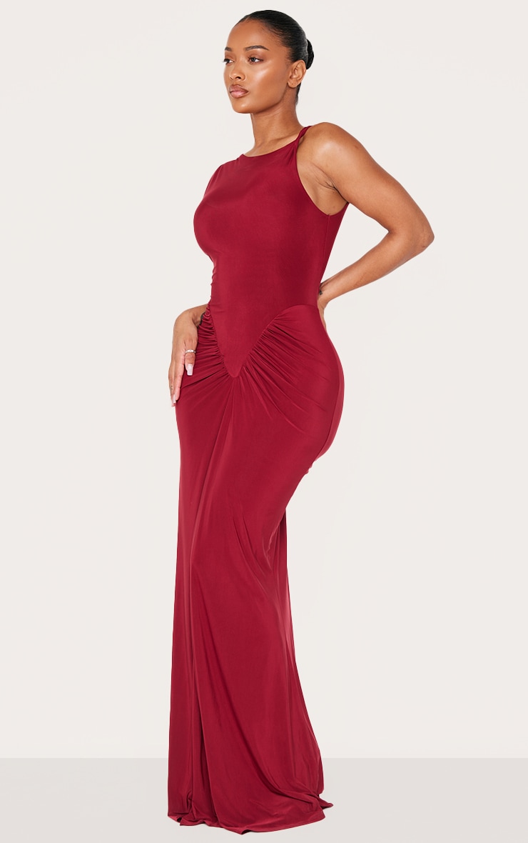 Shape Burgundy Sleeveless Ruched V Waist Maxi Dress image 3