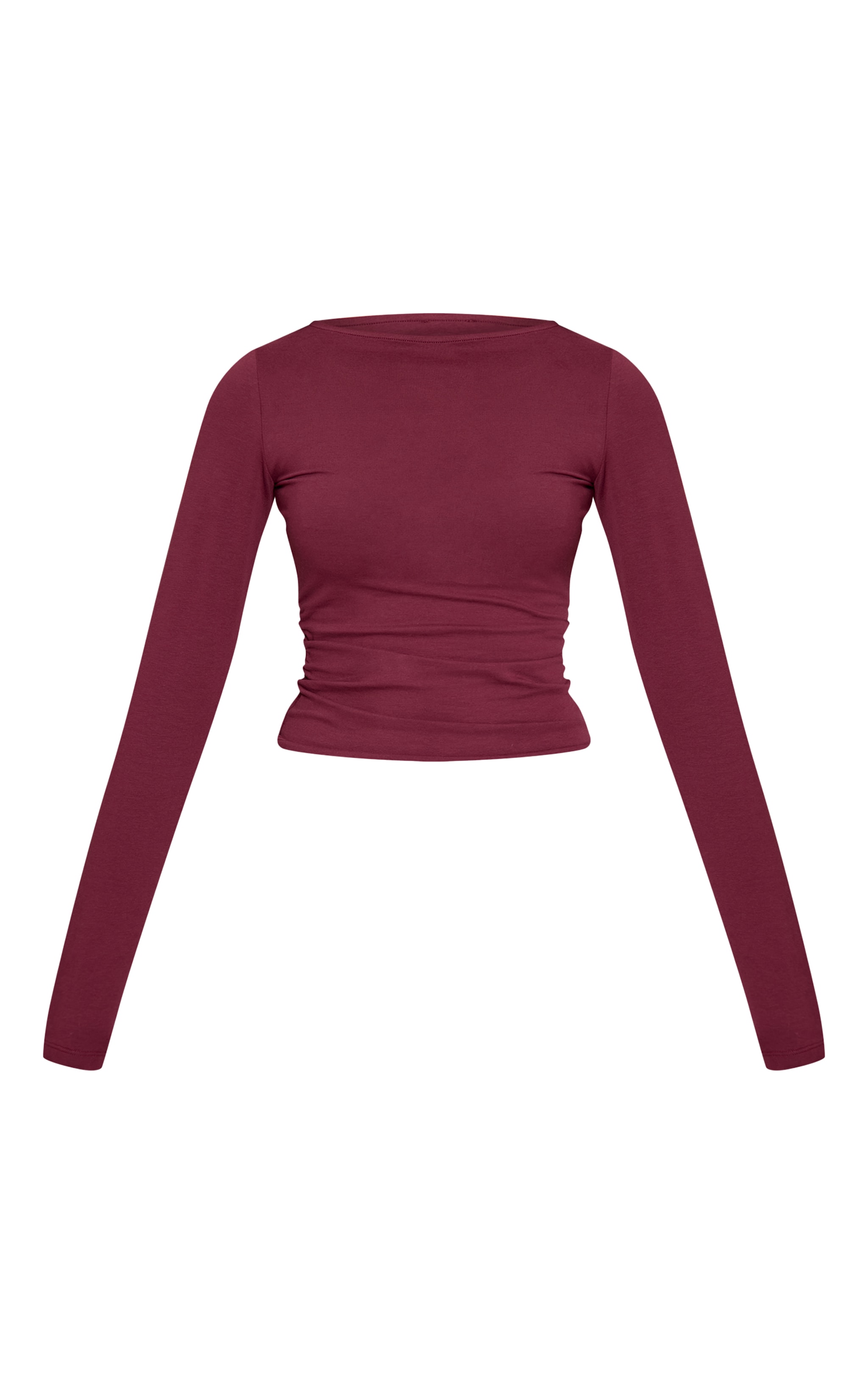 Top en coton doux rouge vin foncé froncé sur les côtés à manches longues image 5