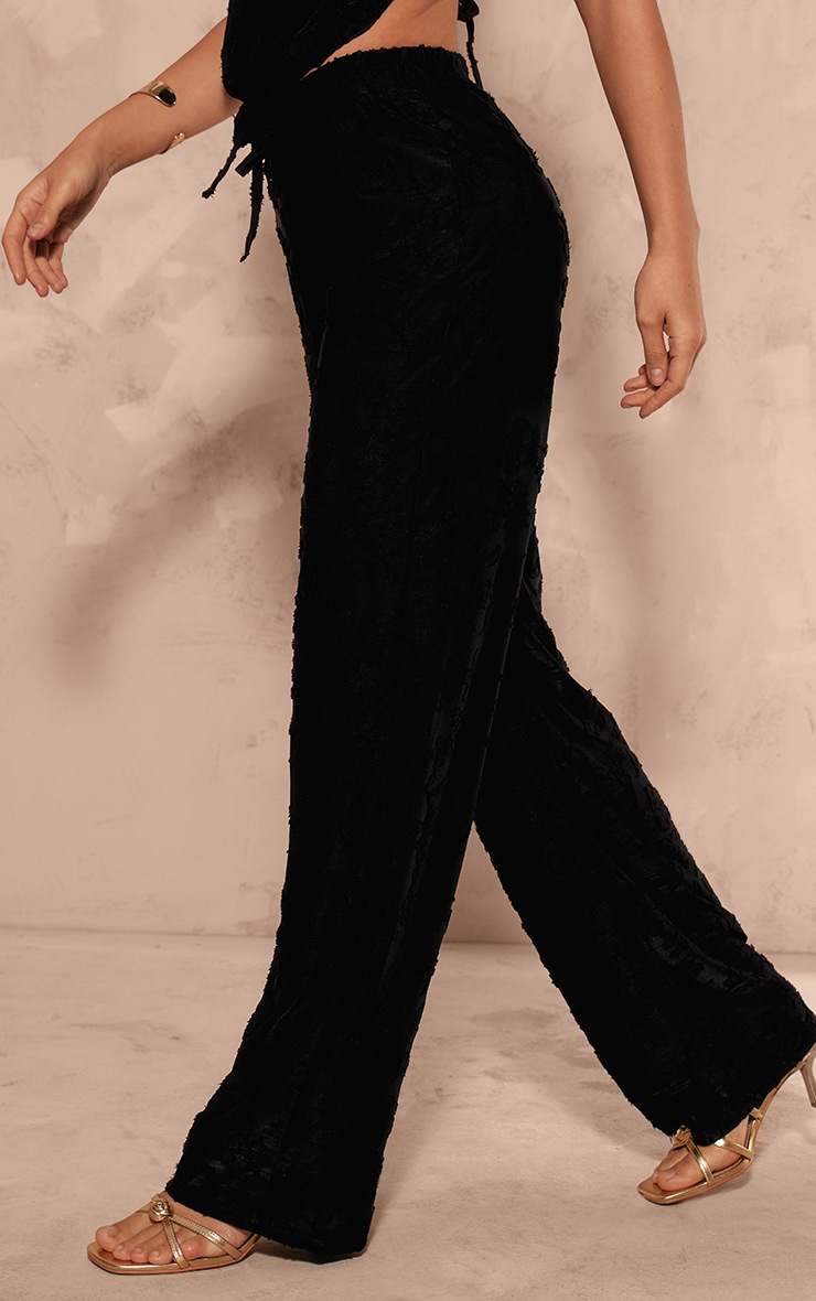 Black Woven Floral Mid Rise Wide Leg Pants image 1