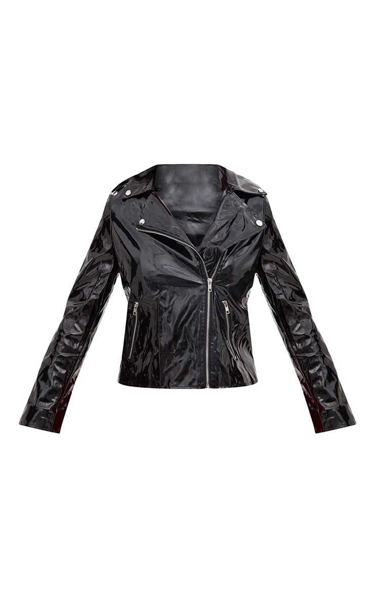 Black Vinyl Biker Jacket Coats & Jackets PrettyLittleThing