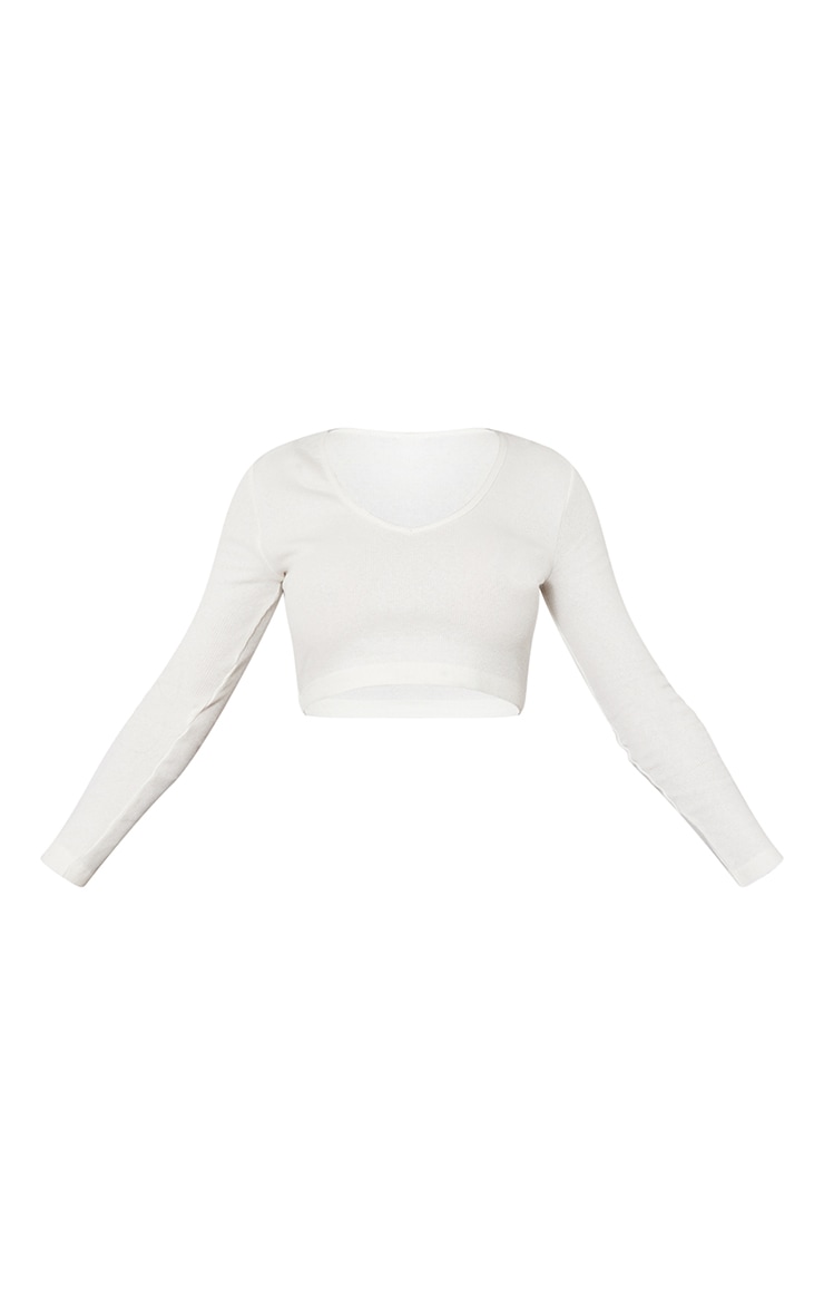 Basic Cream Rib V Neck Long Sleeve Crop image 4