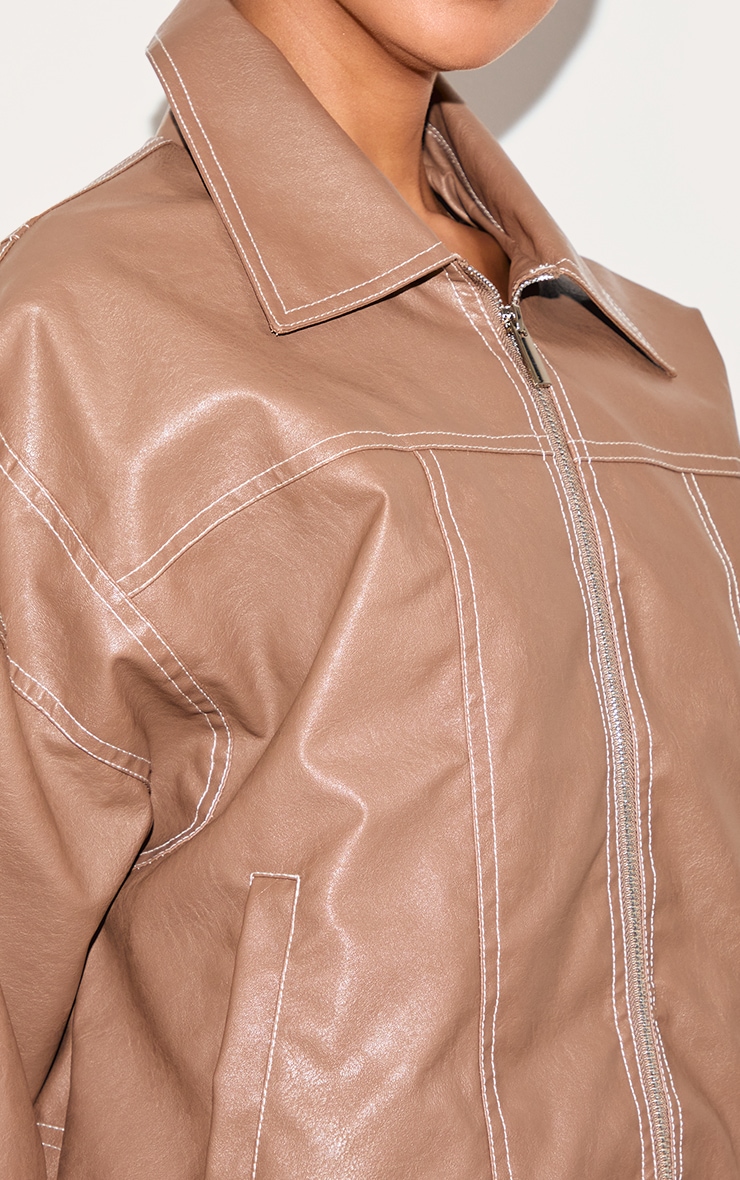 Deep Taupe Faux Leather Stitch Detailing Biker Jacket image 4