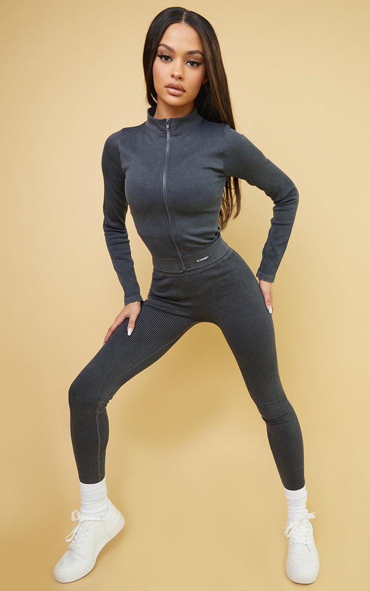 Charcoal Acid Wash Rib Seamless High Waist Gym Leggings image 1