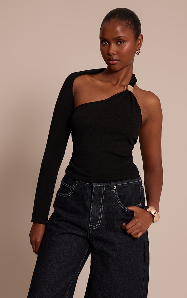 Top en maille tricot noire à épaule unique et empiècement