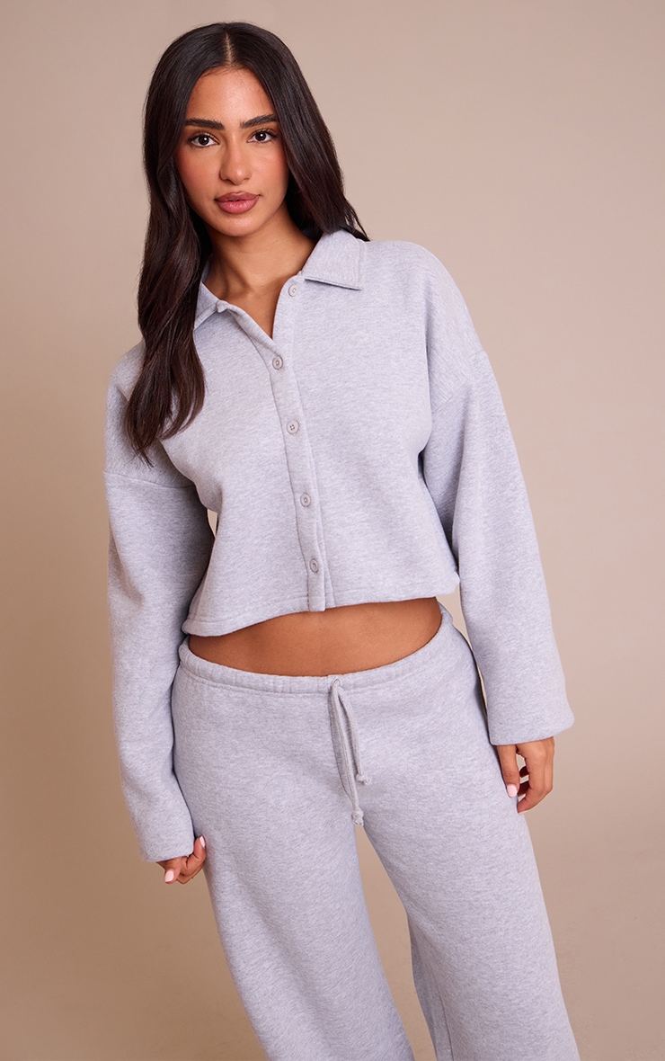 Petite Grey Marl Cropped Button Up Collared Sweatshirt