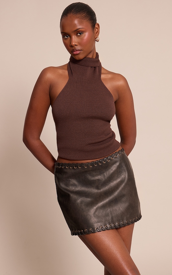 Black Faux Leather Plaited Mini Skirt