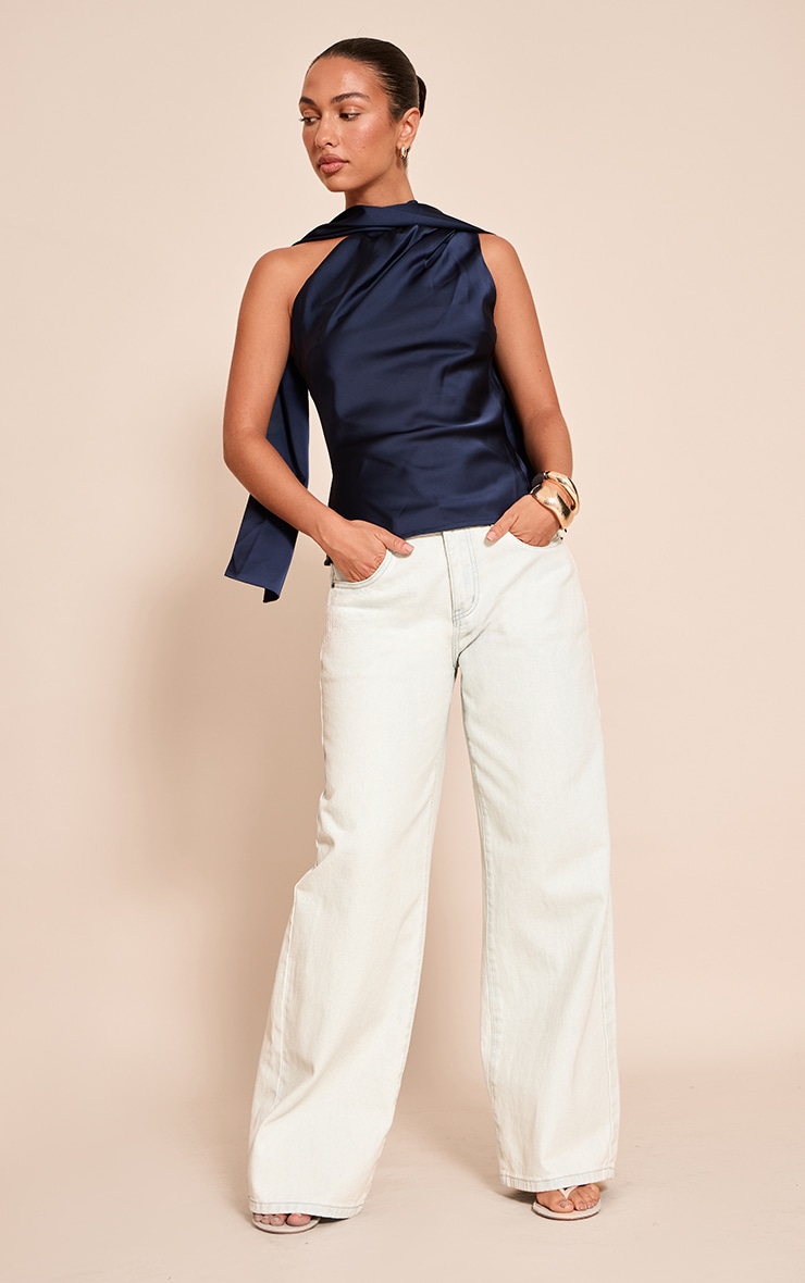 Navy Satin Asymmetric Scarf Detail Top image 3