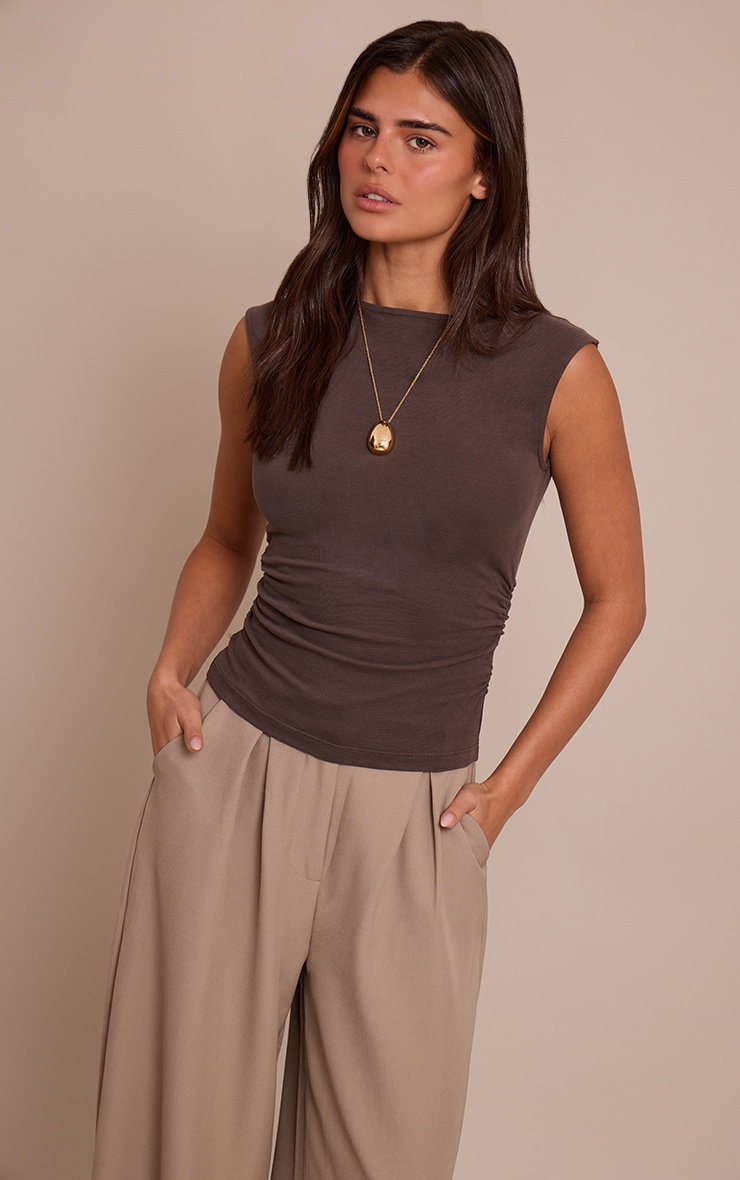 Dark Chocolate Soft Cotton Ruched Side Sleeveless Top