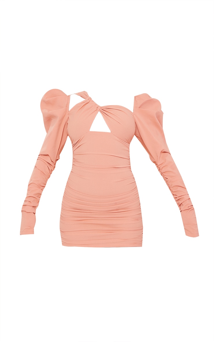 Peach Textured Asymmetric Strap Puff Ruched Sleeve Bodycon Dress image 5