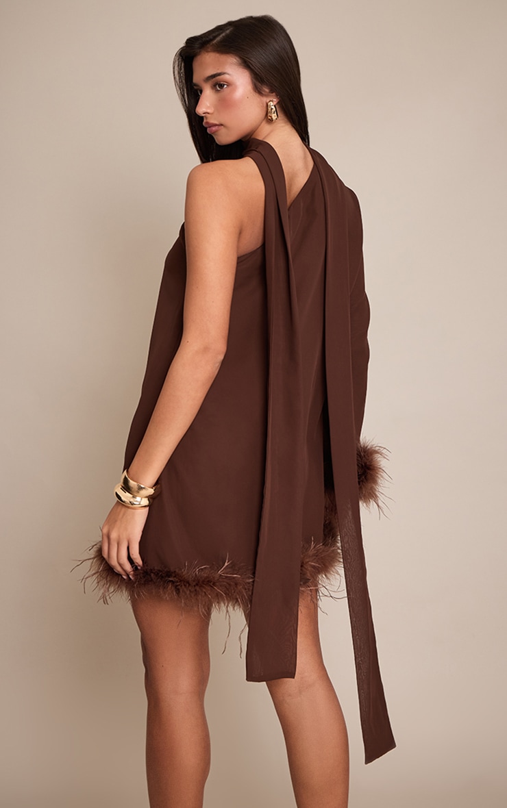 Chocolate Chiffon One Shoulder Feather Detail Shift Dress image 2