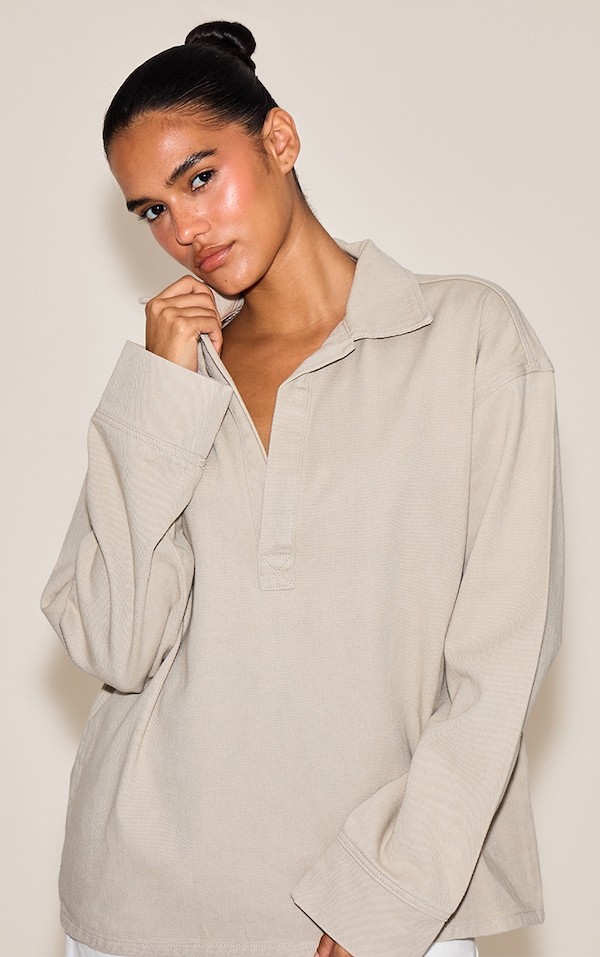 Stone Long Sleeve Oversized Denim Rugby Shirt