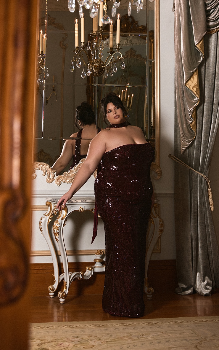 Plus Burgundy Sequin Scarf Detail Bandeau Maxi Dress image 3