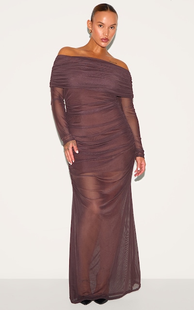 Plus Robe longue chocolat foncé à doublure en mesh et col bardot