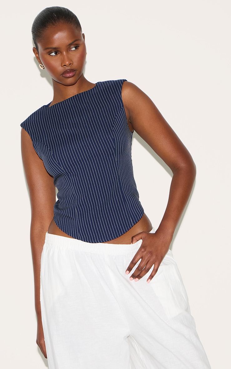 Navy Striped Cotton Tailored Sleeveless Top image 1