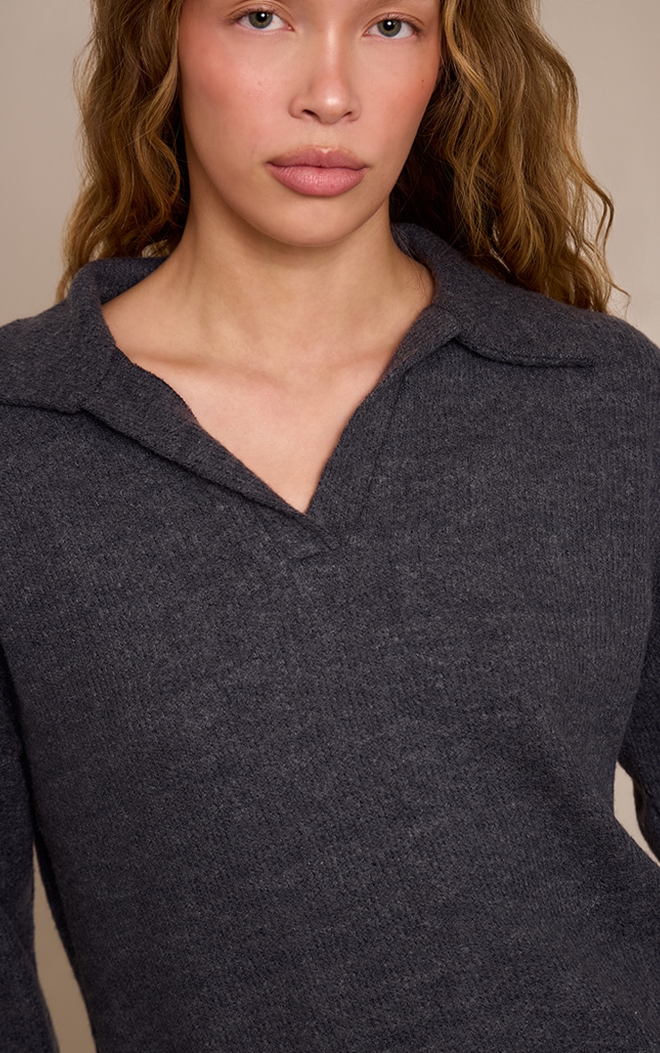 Charcoal Wool Rib Collar Detail Long Sleeve Slouchy Top  image 4