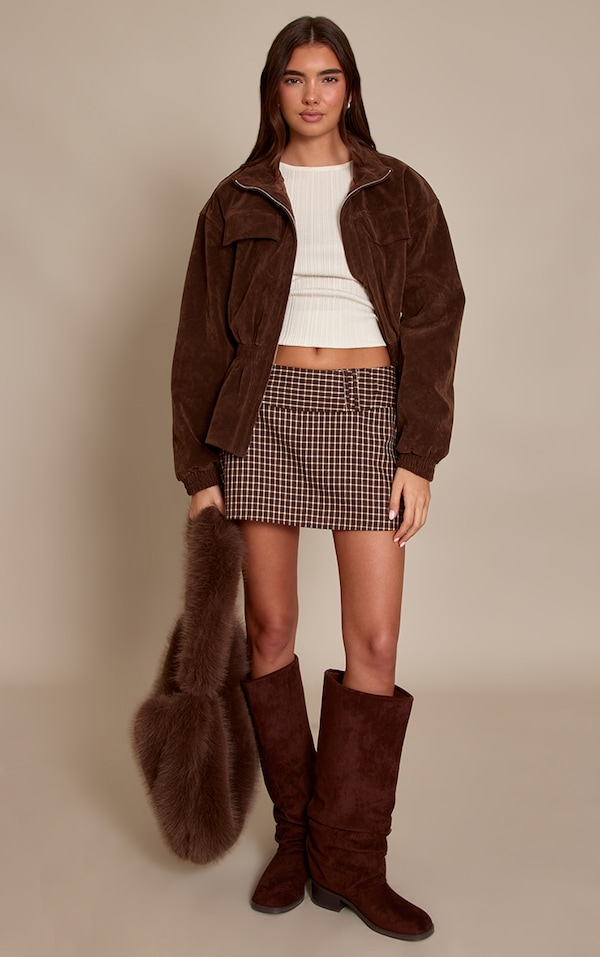 Brown Check Woven Belt Skort