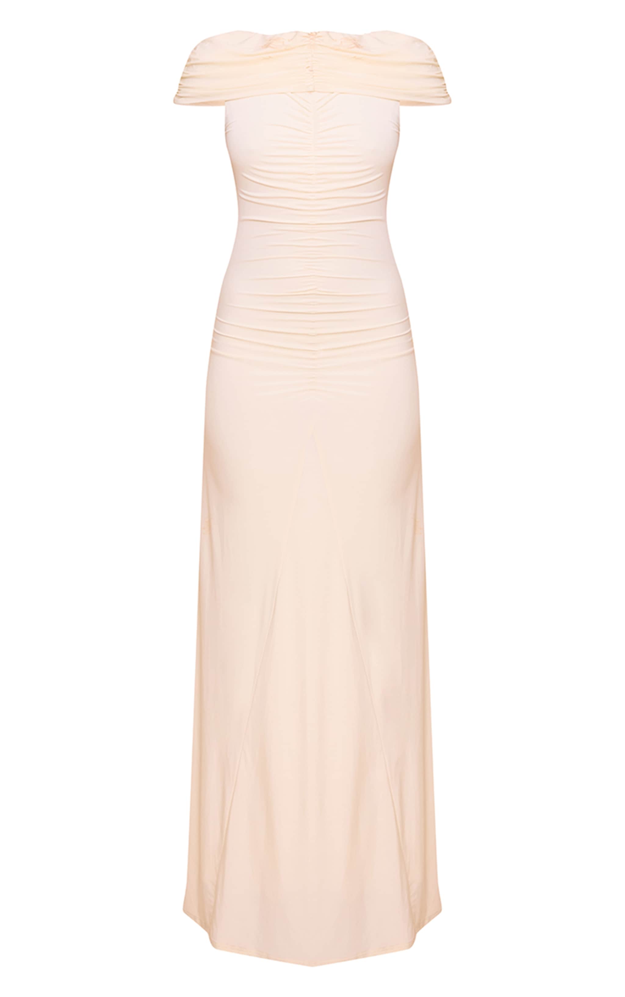 Almond Slinky Bardot Ruched Detailing Maxi Dress image 5