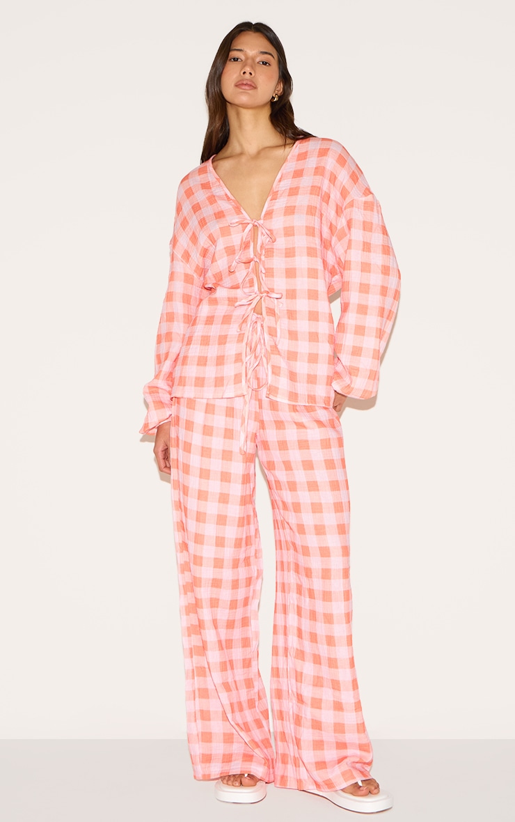 Chemise orange à carreaux en éponge, manches longues et lien à nouer sur le devant image 3