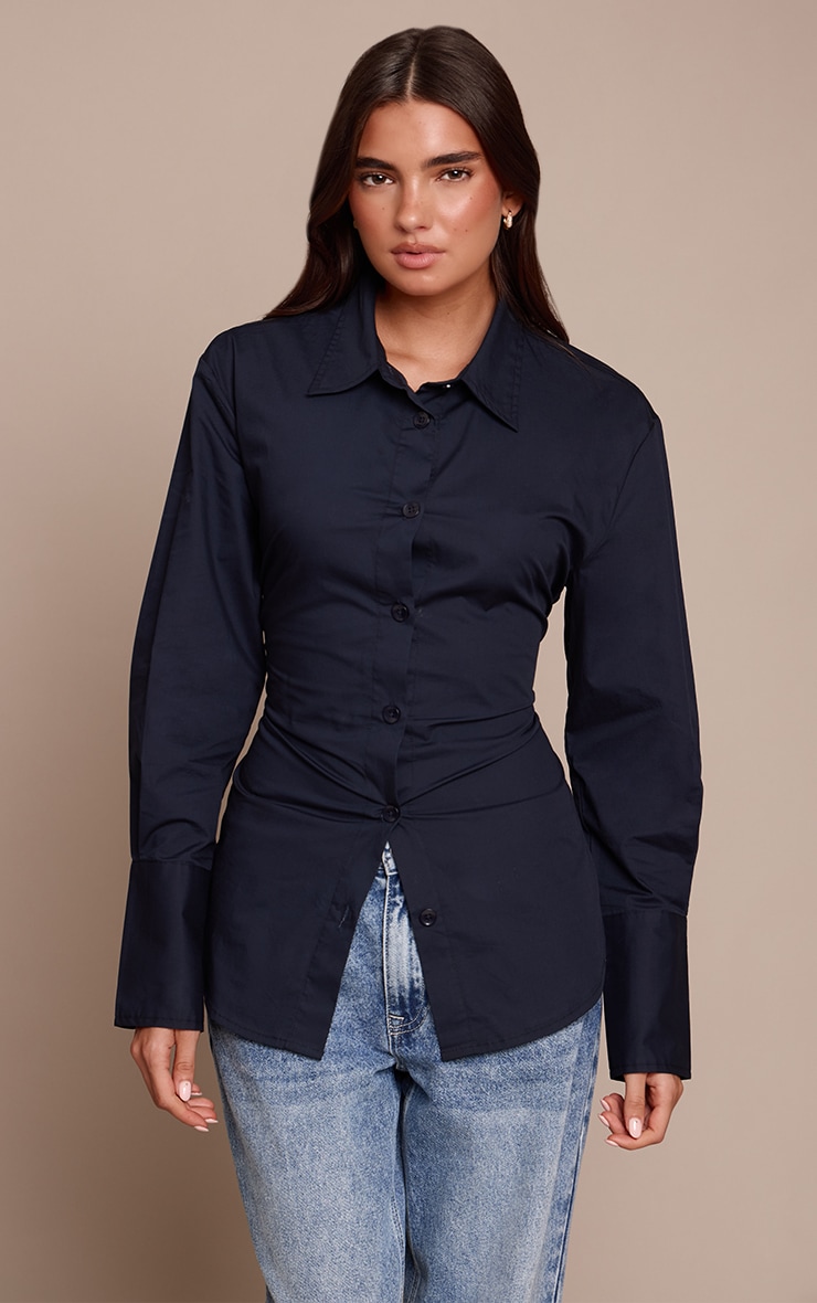 Navy Fitted Tie Back Deep Cuff Shirt
