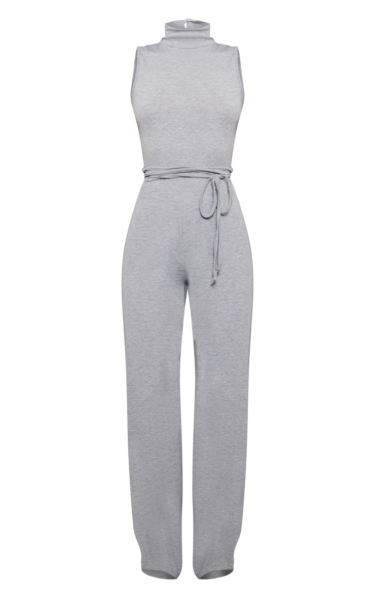 Grey Marl Jersey High Neck Tie Waist Jumpsuit Dresses PLT KSA