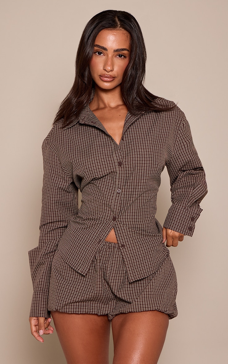 Petite Chocolate Check Tie Back Cinched Shirt