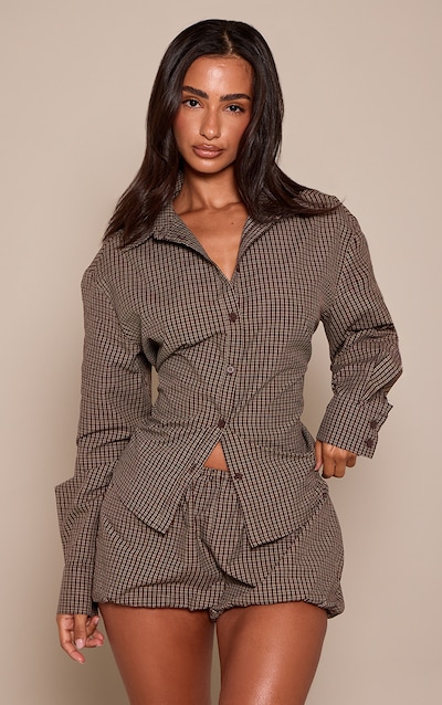 Petite Chocolate Check Tie Back Cinched Shirt