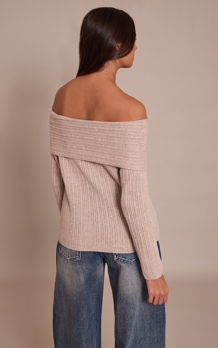 Top en maille tricot avoine à épaules dénudées et manches longues image 2