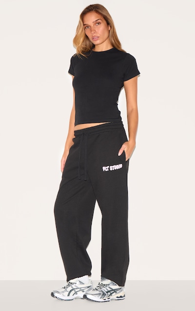 PRETTYLITTLETHING Black Premium Studio Print Cuffed Track Pants