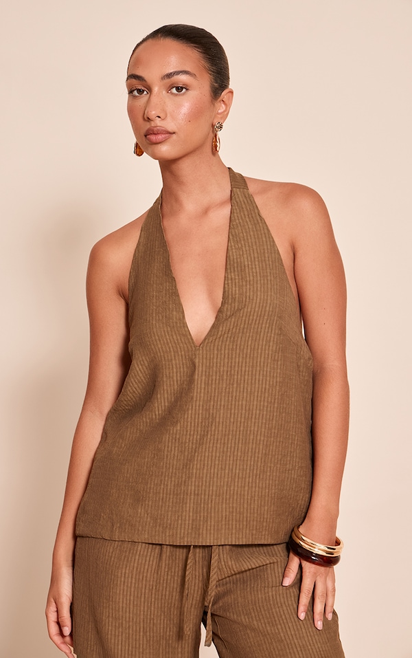 Crop top tissé chocolat à rayures et dos nu noué