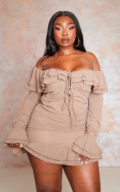 Plus Mocha Bardot Ruffle Detail Shift Dress