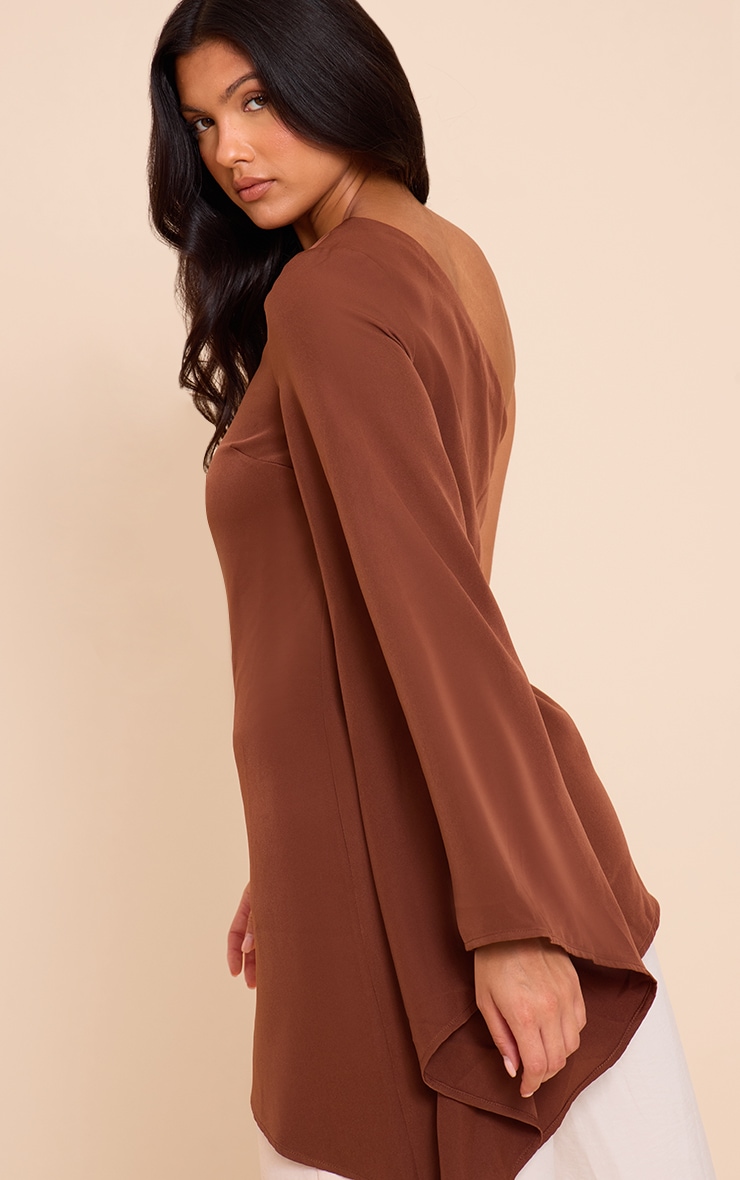Chocolate Woven Asymmetric Flare Sleeve Long Top image 2
