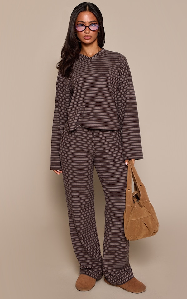 Petite Charcoal Stripe Soft Touch Drawstring Wide Leg Sweatpants 