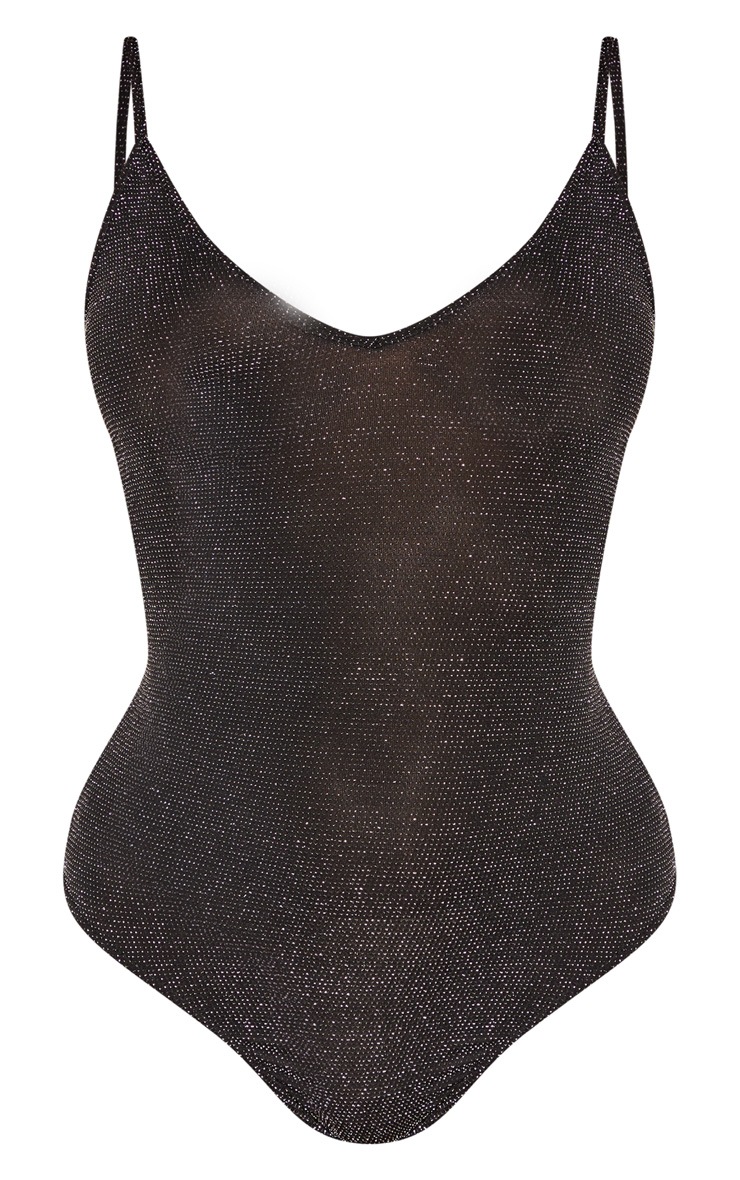 Black Textured Glitter Strappy Bodysuit PrettyLittleThing AUS