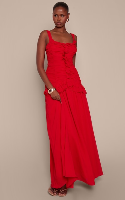 Red Chiffon Ruched Frill Maxi Dress