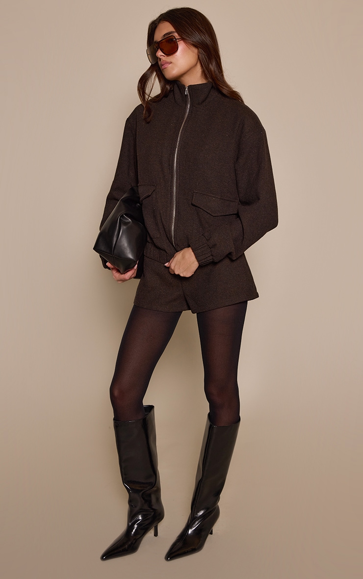 Brown Herringbone Tailored Mini Shorts image 4