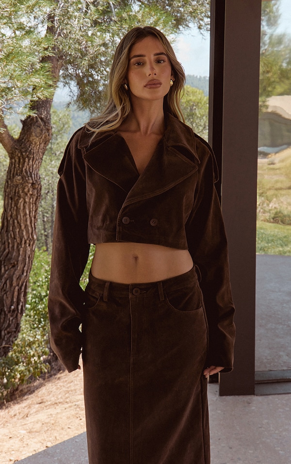 Brown Faux Suede Cropped Trench